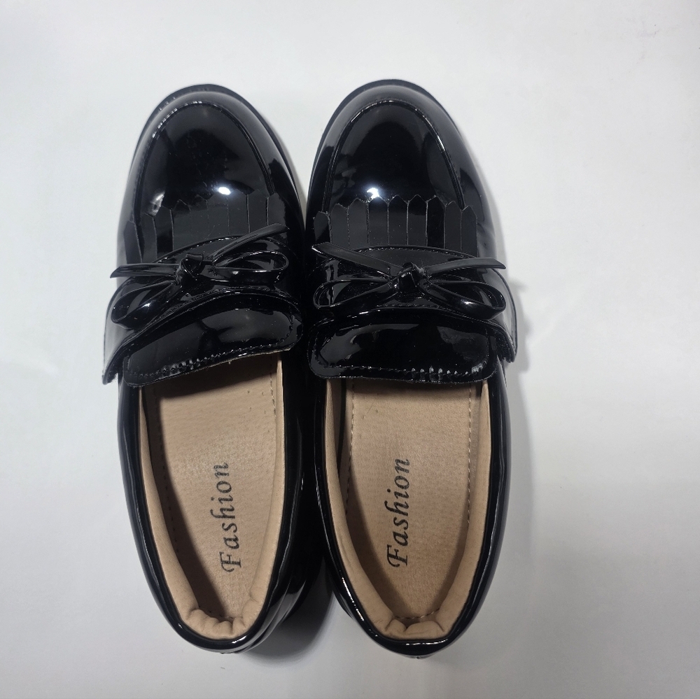 Fashion Girls Black Patent Loafers Bow Tassel Slip-On School Dress Shoes S 5.5